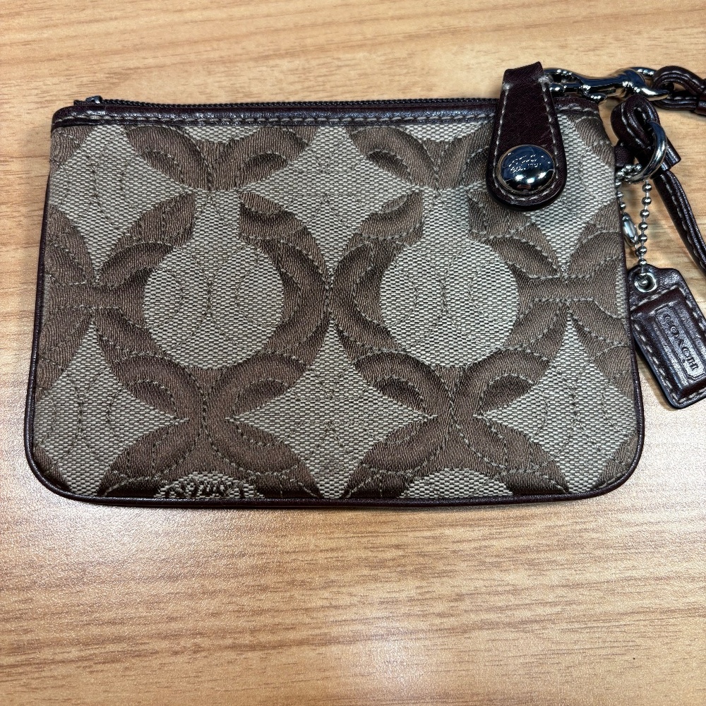 COACH Signature Brown Wristlet With Leather COACH Tag
